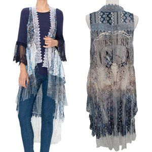 ORIGAMI Victorian Lace Western Steer Skull Sleeveless Duster Vest S-XXL NWT